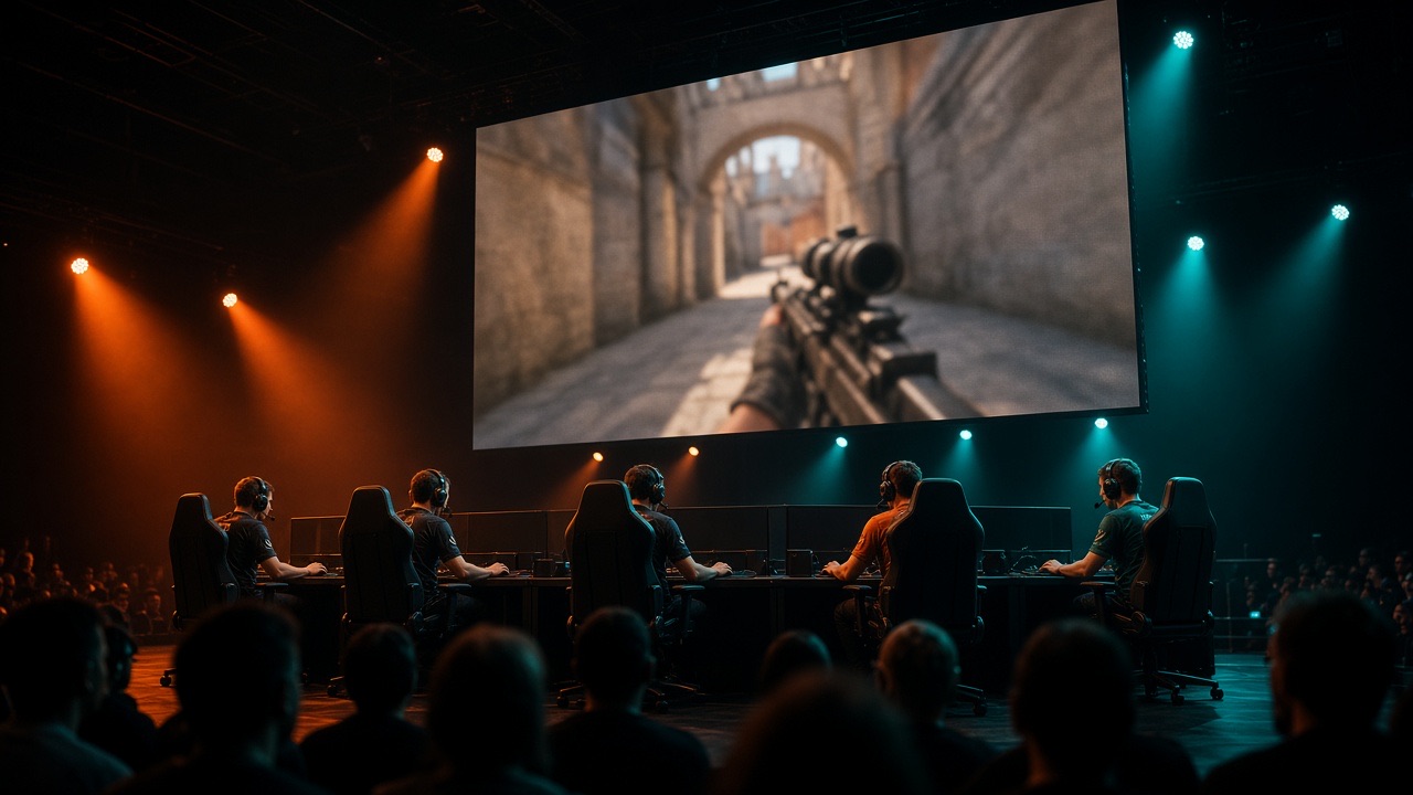 Esports-podium met vijf spelers achter schermen en een publiek in oranje-teal licht