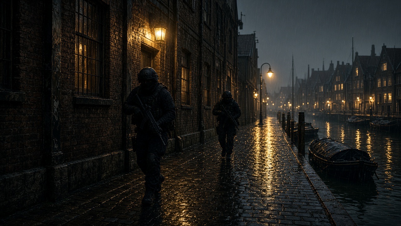 Regenachtige kade bij nacht met twee operators langs een pakhuis