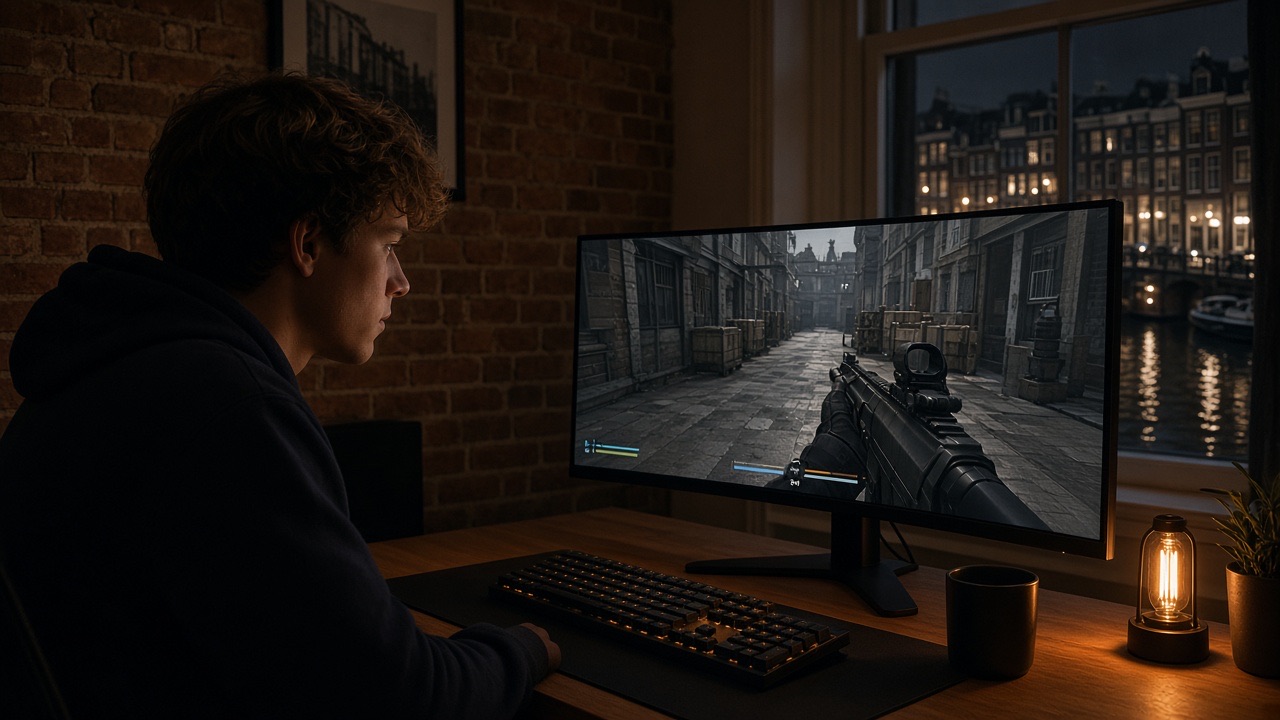 Speler in een Amsterdams appartement 's avonds achter een breed scherm met een tactische shooter