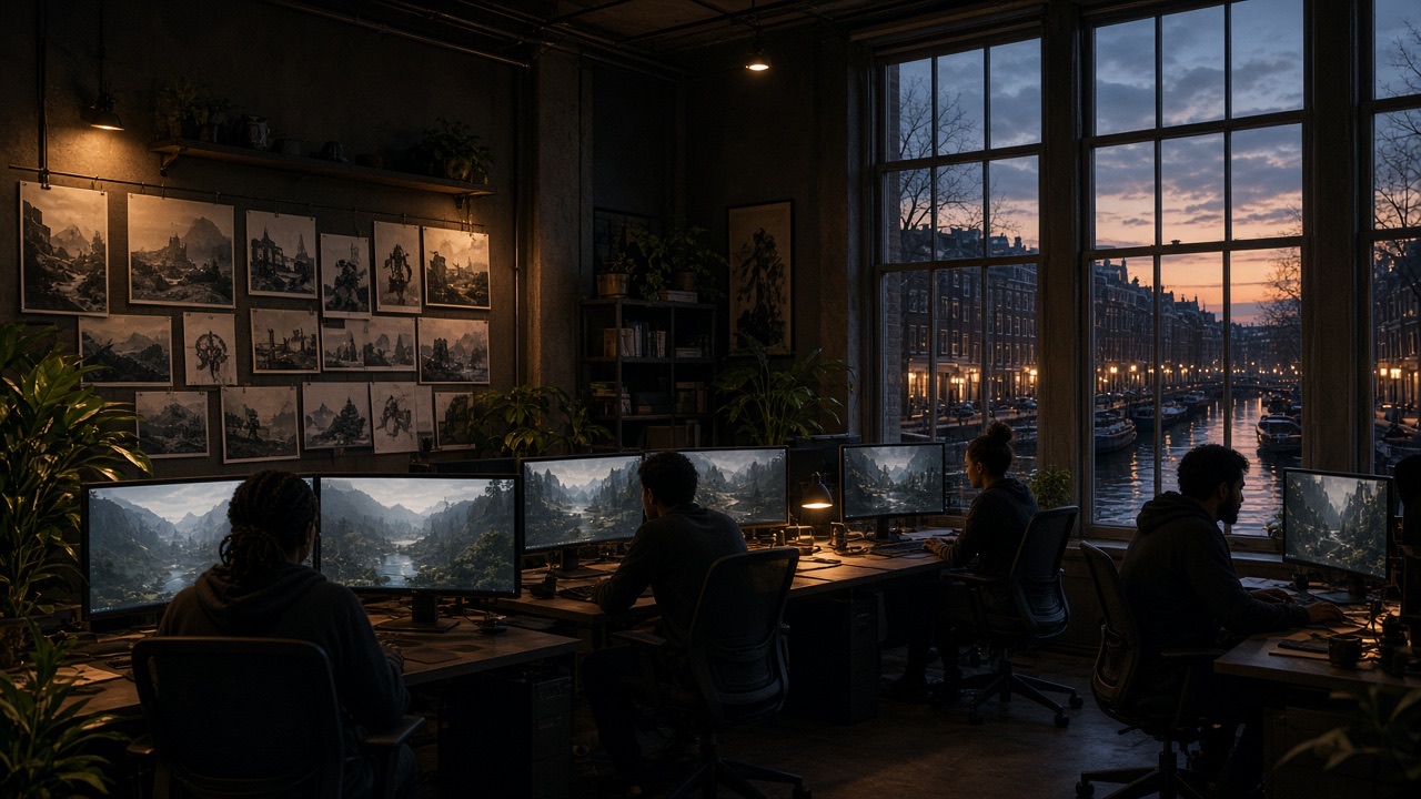 Gameontwikkelaars in een studio met uitzicht op een Amsterdamse gracht