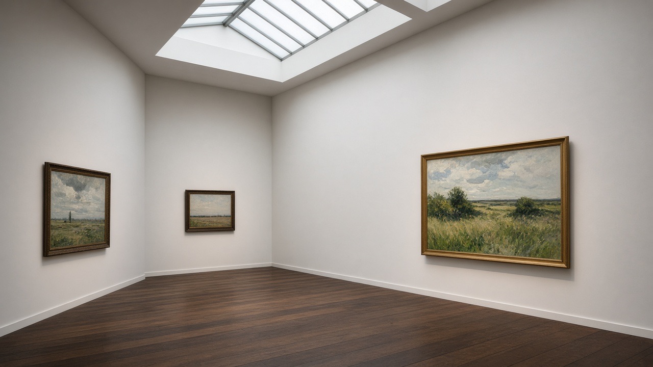 Museumzaal met landschappen en zacht bovenlicht