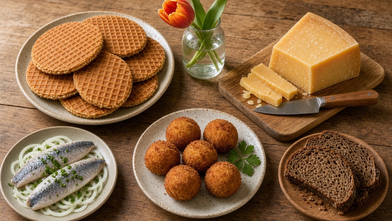 Nederlandse tafel met kaas, stroopwafels en bitterballen