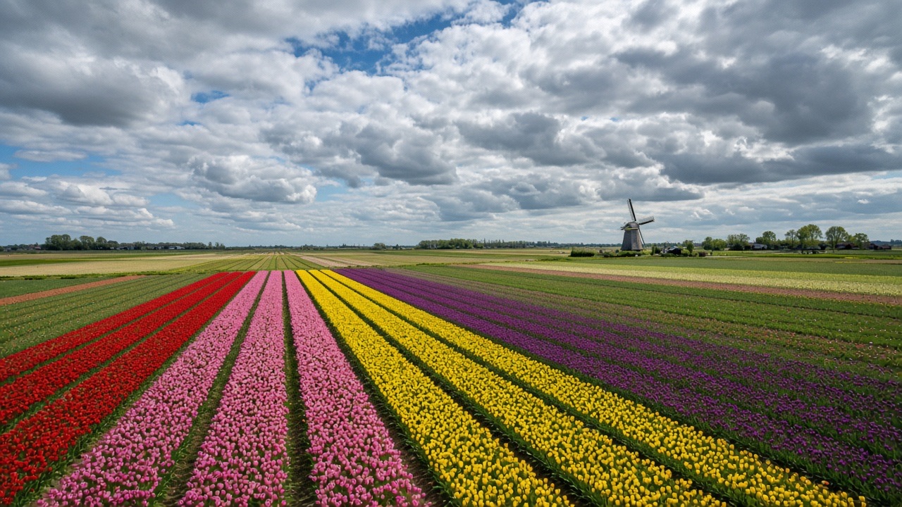Tulpenvelden in de lente onder een wijde Nederlandse lucht